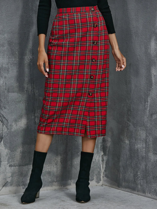 DUYIT Casual Bag Hip Skirt Women&#39;s New Trend Scottish Plaid Single-Breasted Midi Skirt College Style